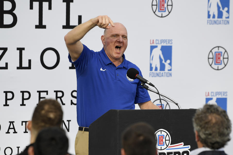 Los Angeles Clippers owner Steve Ballmer speaks at an elementary school in LA on Jan. 16, 2018. (AP/Mark J. Terrill)