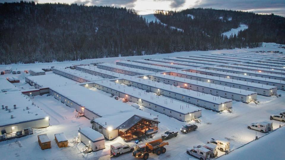 An aerial photo of the Parsnip Lodge pipeline work camp, north of Prince George, in February 2023. At the end of May, 1,086 workers were living at the camp, according to Coastal GasLink. 