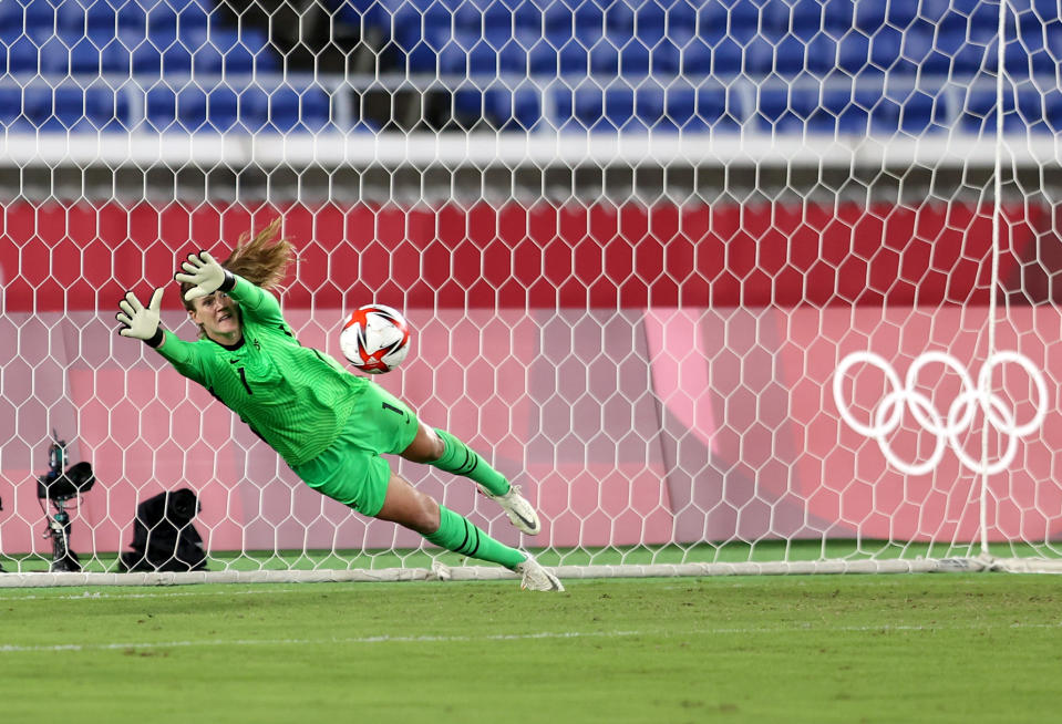 <p>YOKOHAMA, JAPAN - JULY 30: Alyssa Naeher #1 of Team United States saves the first penalty from Vivianne Miedema #9 of Team Netherlands (not pictured) during the Women's Quarter Final match between Netherlands and United States on day seven of the Tokyo 2020 Olympic Games at International Stadium Yokohama on July 30, 2021 in Yokohama, Kanagawa, Japan. (Photo by Francois Nel/Getty Images)</p> 
