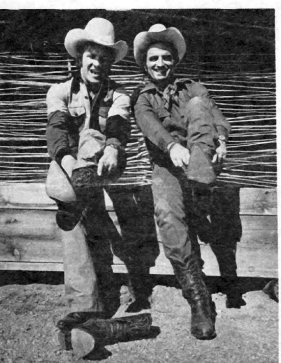 Tex Earnhardt (right) and rodeo champion Larry Mahan pull on their boots, 1974.