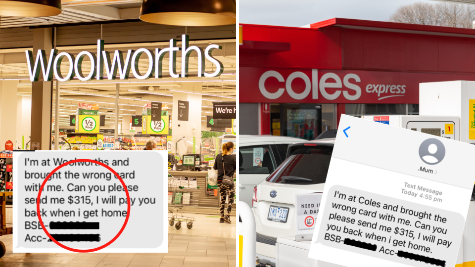 A composite image of a Woolworths store and a Coles Express petrol station with examples of the scam text message overlaid.