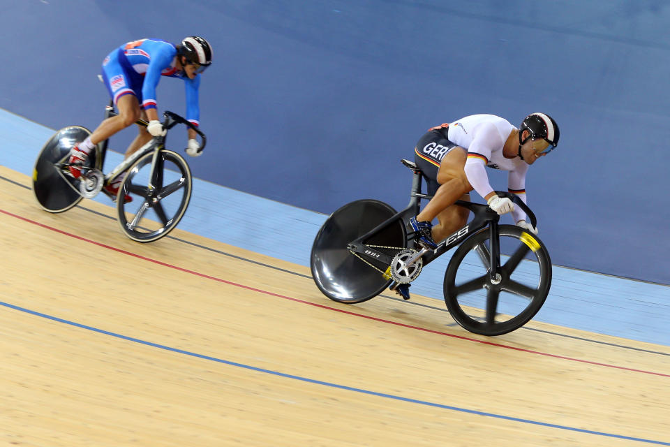 Robert Forstemann of Germany leads Pavel Kelemen of Czech Republic in the Men's Sprint Track Cycling 1/8 Final Repechages on Day 8 of the London 2012 Olympic Games at Velodrome on August 4, 2012 in London, England. (Getty Images)