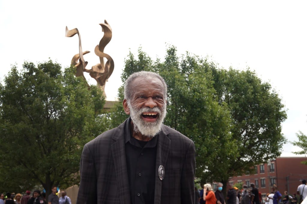 Artist Richard Hunt attends the dedication of his monument (rear) to journalist, educator, and civil rights leader, Ida B. Wells on June 30, 2021 in Chicago, Illinois. (Photo by Scott Olson/Getty Images)