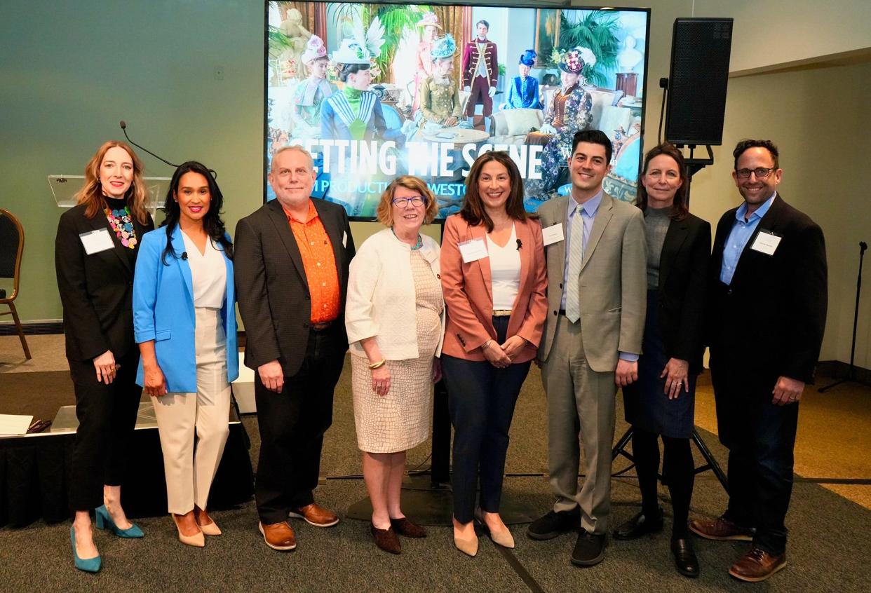 From left: Masha Turchinsky, Hudson River Museum; Melissa Velez-Goldberg, City of Yonkers; Barry Surman, Westchester County Tourism & Film; Joan McDonald, Westchester County; Natasha Caputo, Westchester County Tourism & Film; Yoni Bokser, NYS Governor’s Office of Motion Picture & Television Development/New Media; Laurik Pitkus, Location Manager; Demian Resnick, Producer, Production Manager.