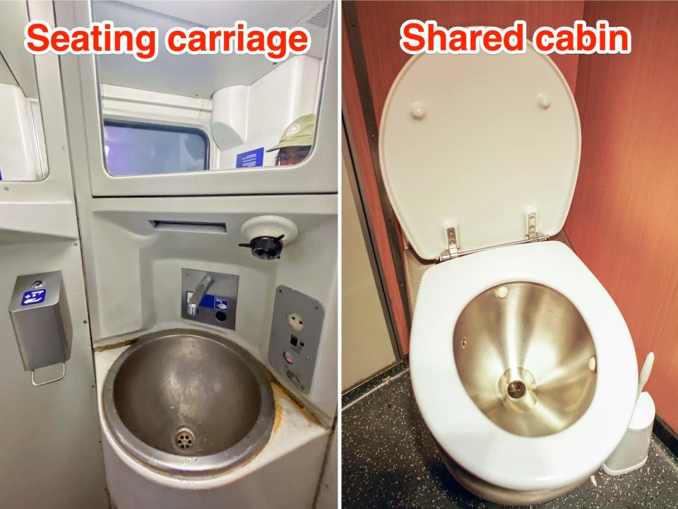 Bathrooms in the seating carriage (L) and shared cabin (R) cars.