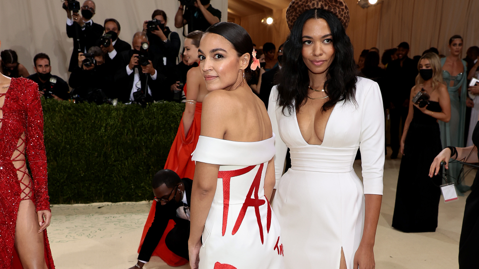 NEW YORK, NEW YORK - SEPTEMBER 13: Alexandria Ocasio-Cortez and Aurora James attend The 2021 Met Gala Celebrating In America: A Lexicon Of Fashion at Metropolitan Museum of Art on September 13, 2021 in New York City. (Photo by Dimitrios Kambouris/Getty Images for The Met Museum/Vogue ) ORG XMIT: 775705347 ORIG FILE ID: 1340142608