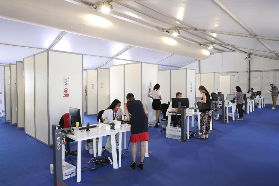 A festival coronavirus testing center is seen at the 74th international film festival, Cannes, southern France, Tuesday, July 6, 2021. (Photo by Vianney Le Caer/Invision/AP)