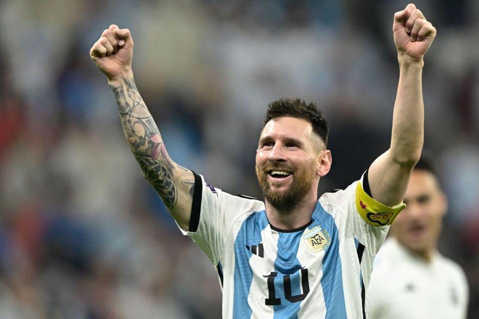 topshot argentina's forward 10 lionel messi celebrates after defeating croatia 3 0 in the qatar 2022 world cup football semi final match between argentina and croatia at lusail stadium in lusail, north of doha on december 13, 2022 photo by juan mabromata afp photo by juan mabromataafp via getty images