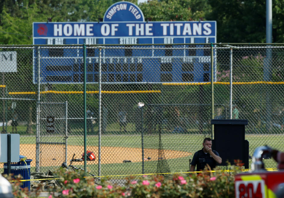 <p>Police investigate a shooting scene after a gunman opened fire on Republican members of Congress during a baseball practice near Washington in Alexandria, Virginia, June 14, 2017. (Photo: Joshua Roberts/Reuters) </p>