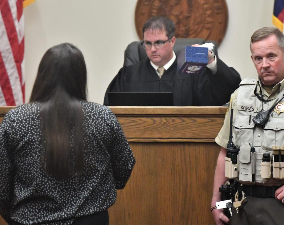 Amber McDaniel stands in front of the judge at the Wichita County Courthouse on Friday, April 28, 2023.