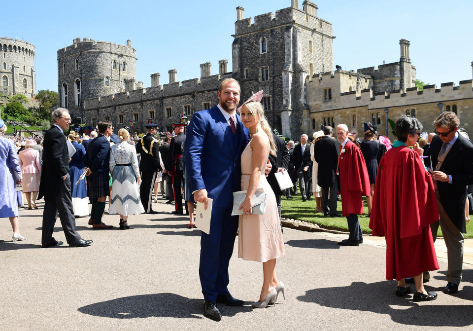 WINDSOR, UNITED KINGDOM - MAY 19: James Haskell and Chloe Madeley leave St George's Chapel at Windsor Castle after the wedding of Meghan Markle and Prince Harr on May 19, 2018 in Windsor, England. (Photo by  Ian West- WPA Pool/Getty Images)