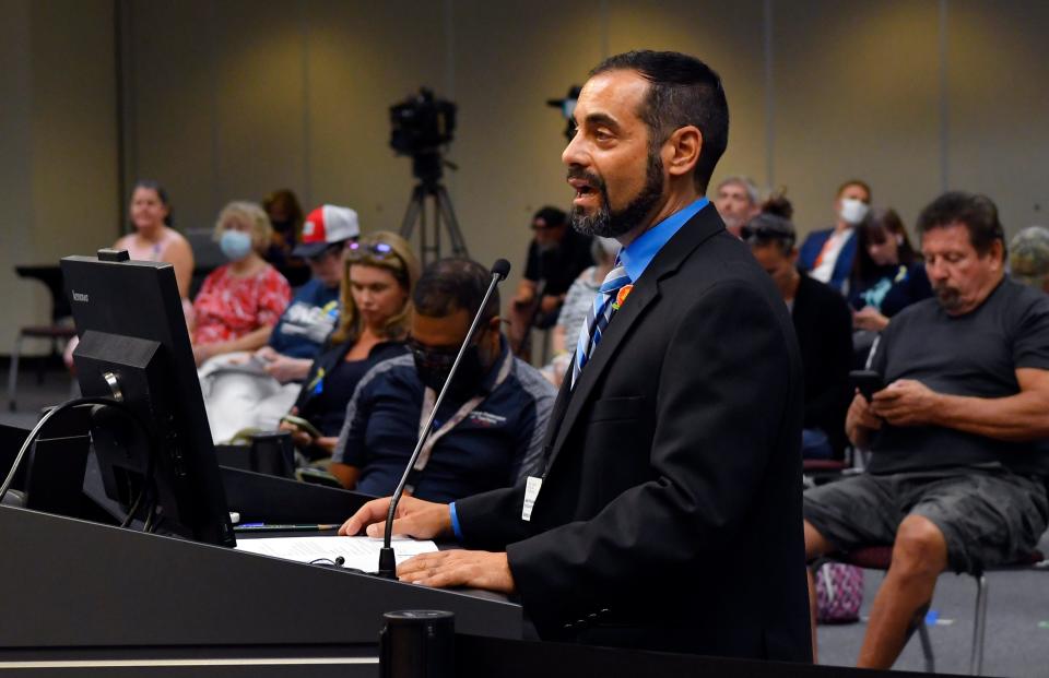 Anthony Colucci, president of Brevard Federation of Teachers, pictured at a 2021 school board meeting. The union is bargaining with the district for teachers' 2024-2025 salary.