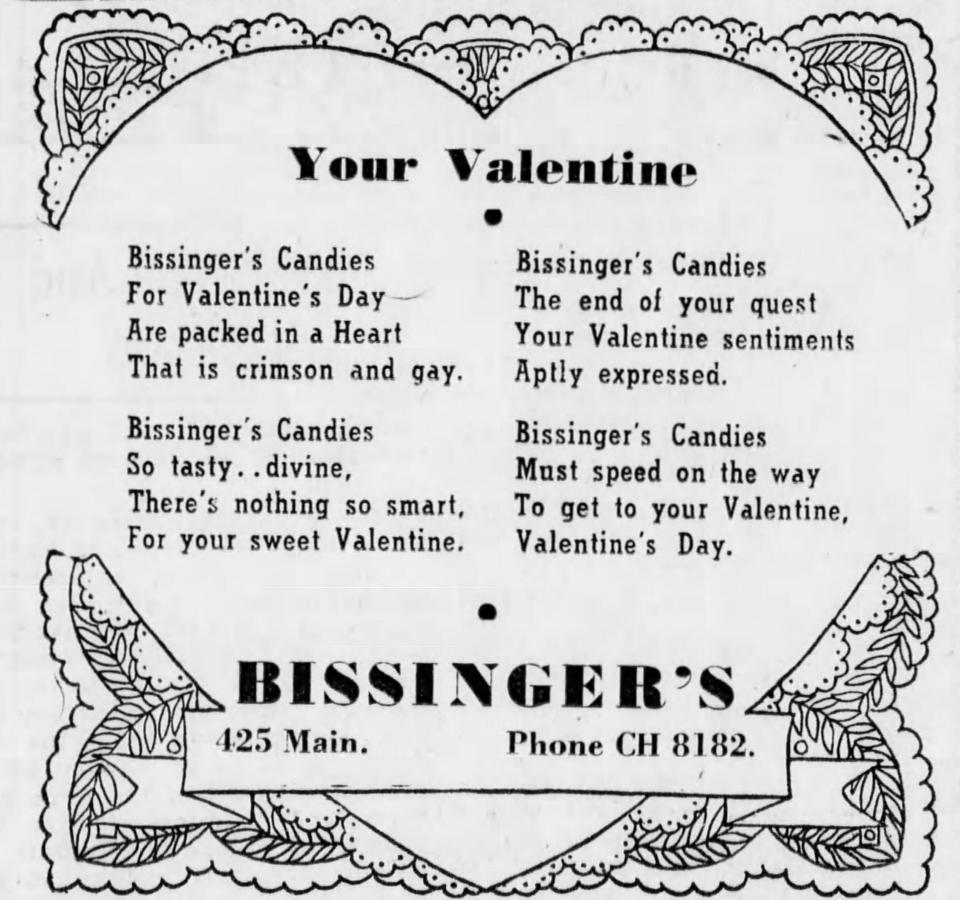 An advertisement for Bissinger's candies in Cincinnati, from The Cincinnati Enquirer, Feb. 13, 1941.
