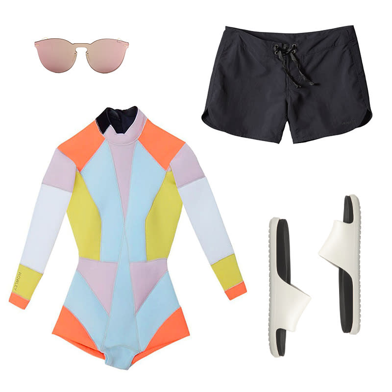 <a rel="nofollow noopener" href="http://rstyle.me/n/cqkf7sjduw" target="_blank" data-ylk="slk:Peach Combo Colorblock Wetsuit, Cynthia Rowley, $235;elm:context_link;itc:0;sec:content-canvas" class="link ">Peach Combo Colorblock Wetsuit, Cynthia Rowley, $235</a><a rel="nofollow noopener" href="http://www.patagonia.com/product/womens-wavefarer-board-shorts-5-inch/76597.html?dwvar_76597_color=ELWB&cgid=womens#q=wavefarer&start=1" target="_blank" data-ylk="slk:Wavefarer Board Shorts, Patagonia, $55;elm:context_link;itc:0;sec:content-canvas" class="link ">Wavefarer Board Shorts, Patagonia, $55</a><a rel="nofollow noopener" href="http://rstyle.me/n/cqkf9mjduw" target="_blank" data-ylk="slk:Leonard II Mask Sunglasses, Illesteva, $190;elm:context_link;itc:0;sec:content-canvas" class="link ">Leonard II Mask Sunglasses, Illesteva, $190</a><a rel="nofollow noopener" href="http://rstyle.me/n/cqkf9tjduw" target="_blank" data-ylk="slk:Spencer LX Slide, Native Shoes, $25;elm:context_link;itc:0;sec:content-canvas" class="link ">Spencer LX Slide, Native Shoes, $25</a>