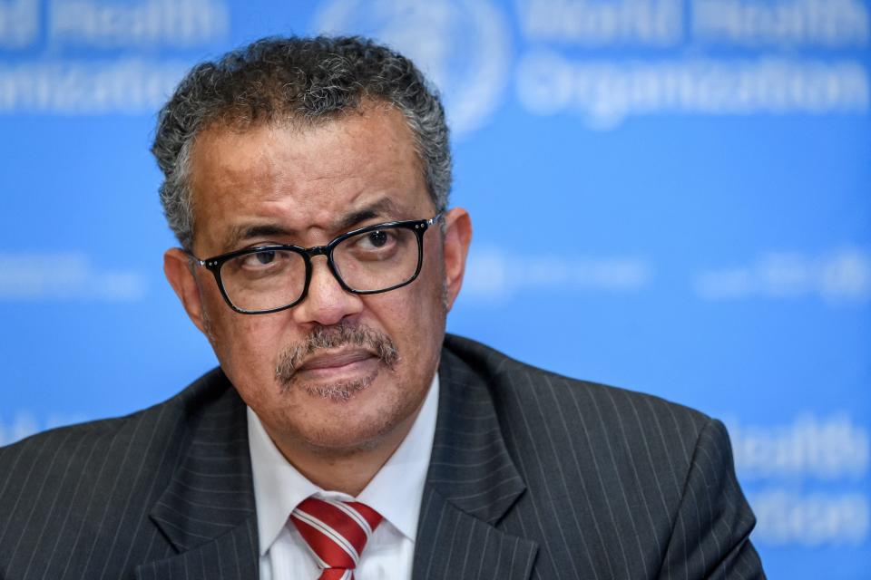 World Health Organization (WHO) Director-General Tedros Adhanom Ghebreyesus attends a daily press briefing on COVID-19, the disease caused by the novel coronavirus, at the WHO heardquaters in Geneva on March 11, 2020. - WHO Director-General Tedros Adhanom Ghebreyesus announced on March 11, 2020, that the new coronavirus outbreak can now be characterised as a pandemic. (Photo by Fabrice COFFRINI / AFP) (Photo by FABRICE COFFRINI/AFP via Getty Images)