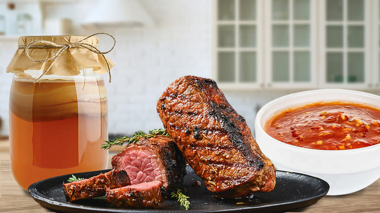 Kombucha, steak, and marinade