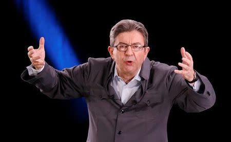 Jean-Luc Melenchon of the French far left Parti de Gauche and candidate for the 2017 French presidential election, attends a political rally in Dijon, France, April 18, 2017. REUTERS/Robert Pratta