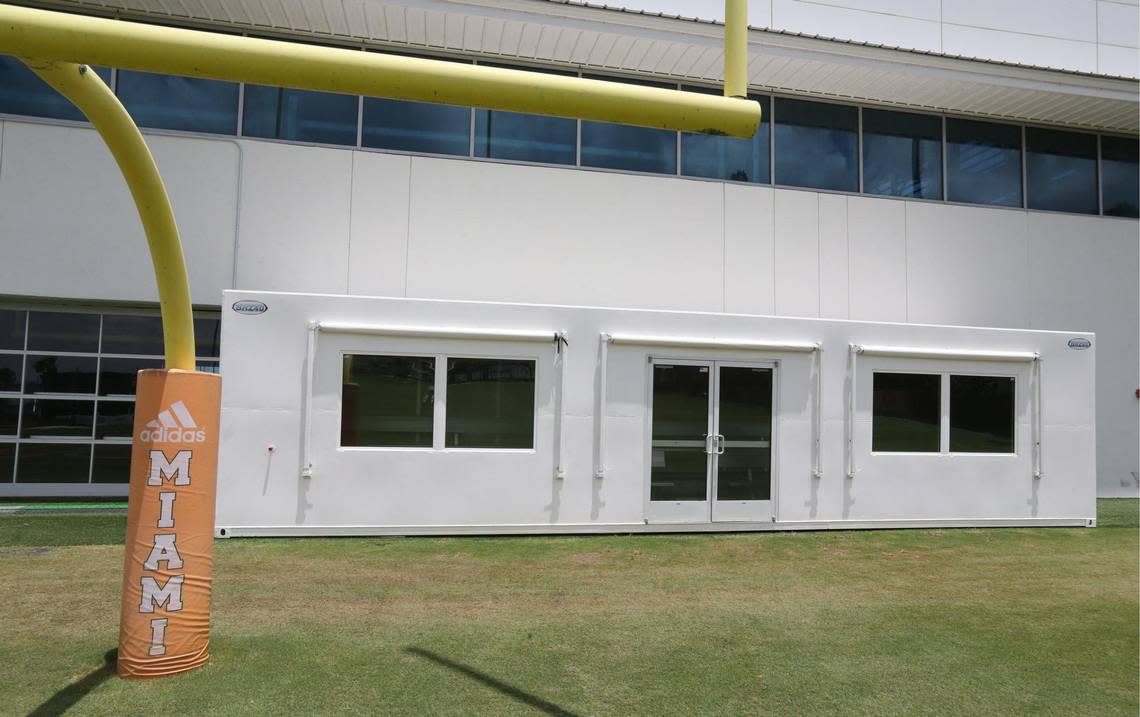 The Miami Hurricanes add cooling stations at Greentree Practice Field for athletes at the University of Miami in Coral Gables on Saturday, August 6, 2022.
