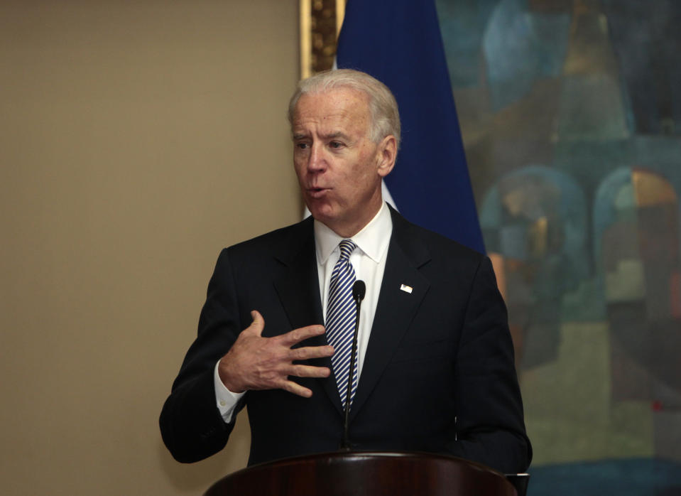 U.S. Vice President Joe Biden delivers a speech at the presidential house in Tegucigalpa, Honduras, Tuesday, March, 6, 2012. Biden is on a one-day visit to Honduras. (AP Photo/Esteban Felix)