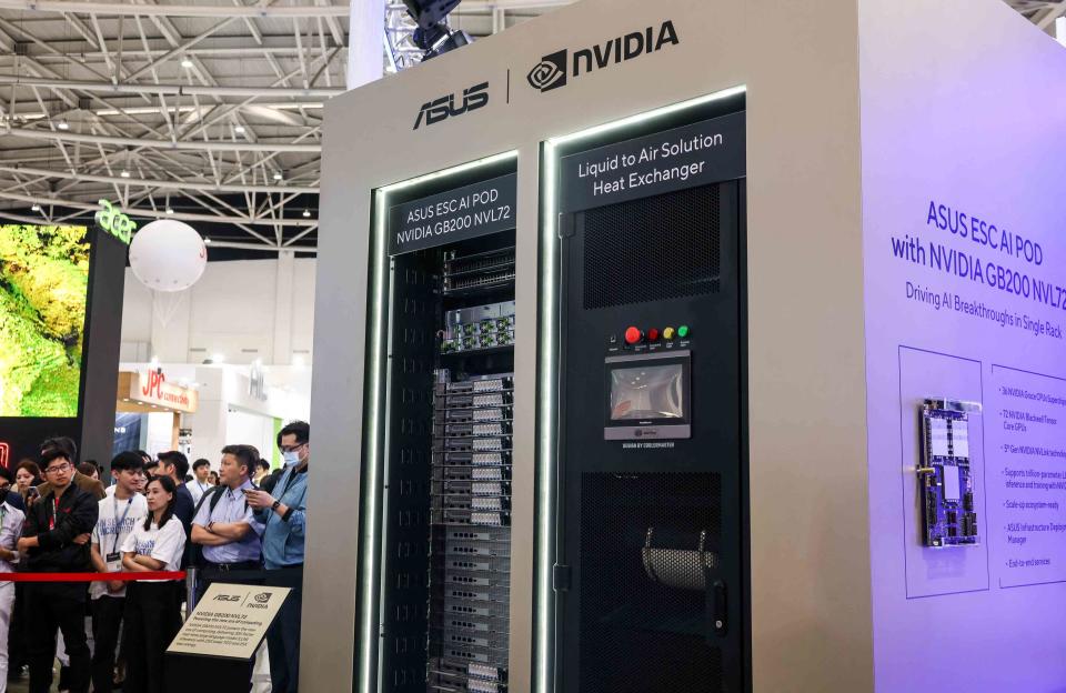 <p>I-HWA CHENG / Contributor / Getty Images</p> The Nvidia GB200 NVL72 displayed at Computex 2024 in Taipei on June 4, 2024.