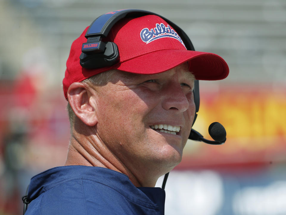 FILE - Then-Fresno State coach Kalen DeBoer watches his team play Connecticut during the second half of an NCAA college football game in Fresno, Calif., Saturday, Aug. 28, 2021. Alabama is negotiating with Washington coach Kalen DeBoer and is close to hiring him as the replacement for Nick Saban, a person with direct knowledge of the talks said Friday, Jan. 12, 2024. (AP Photo/Gary Kazanjian, File)