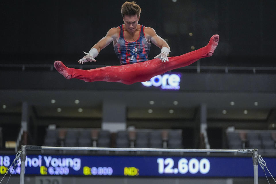 Brody Malone performs on the high bar during the U.S. Gymnastics Championships, Thursday, May 30, 2024, in Fort Worth, Texas. (AP Photo/LM Otero)