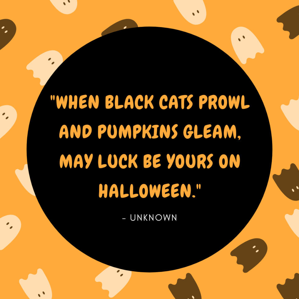 <p>17. "I love Halloween, and I love that feeling: the cold air, the spooky dangers lurking around the corner." –Evan Peters</p> <p>18. "When black cats prowl and pumpkins gleam, may luck be yours on Halloween." –Unknown</p> <p>19. "We have had our summer evenings, now for October eves!" –Humbert Wolfe</p> <p>20. "Nothing on earth is so beautiful as the final haul on Halloween night." –Steve Almond</p> <p>21. "There is a child in every one of us who is still a trick-or-treater looking for a brightly-lit front porch." –Robert Brault</p> <p>22. "Clothes make a statement. Costumes tell a story." –Mason Cooley</p> <p>23. "Ghosts and goblins come to play on October's final day!" –Rusty Fischer</p> <p>24. "Halloween is not only about putting on a costume, but it's about finding the imagination and costume within ourselves." –Elvis Duran</p>