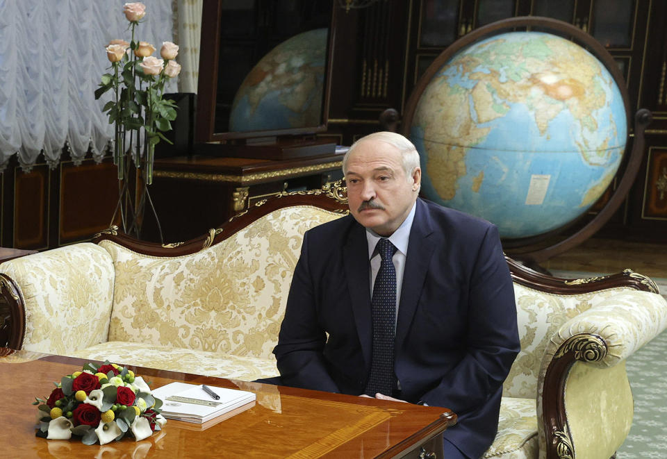 Belarusian President Alexander Lukashenko attends the talks with Russian Foreign Minister Sergey Lavrov and Belarus Foreign Minister Vladimir Makei in Minsk, Belarus, Thursday, Nov. 26, 2020. (Nikolai Petrov/BelTA Pool Photo via AP)