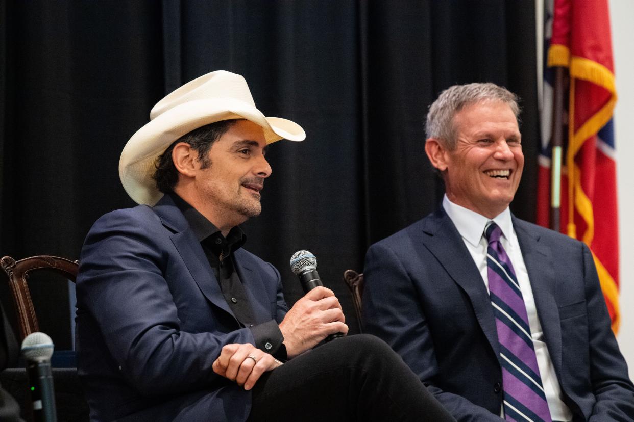 Country music star Brad Paisley talks to Gov. Bill Lee during a roundtable discussion during the annual 2024 CEO Roundtable Series was hosted at the governor's mansion in Nashville, Tenn.,Thursday, April 18, 2024.