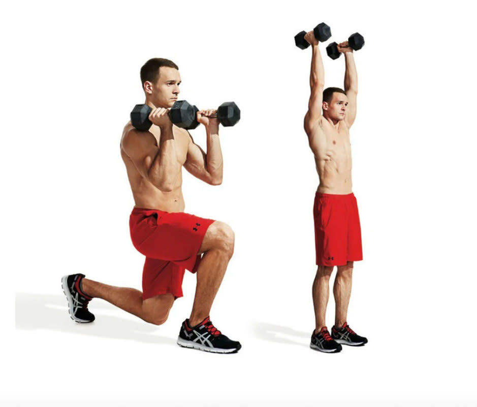 <p>Stand with feet hip-width apart, holding two dumbbells at shoulder level with palms facing each other, to start. Step forward into a lunge, lowering your body until your rear knee nearly touches the floor and your front thigh is parallel to the floor. Push off your front foot to come back to the starting position, then press the weights overhead. That's 1 rep. Repeat.</p>