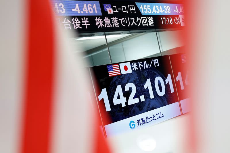 Monitors displaying the Japanese yen exchange rate against the U.S. dollar are seen at a foreign exchange trading company Gaitame.com in Tokyo