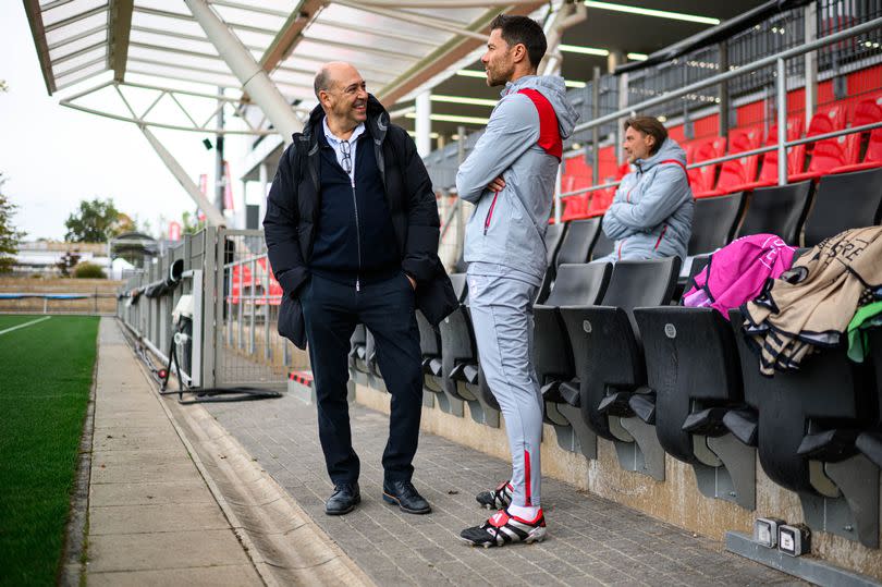 Fernando Carro and Head coach Xabi Alonso of Bayer Leverkusen during the training session and press conference for the UEFA Europa League at BayArena on October 25, 2023 in Leverkusen, Germany.