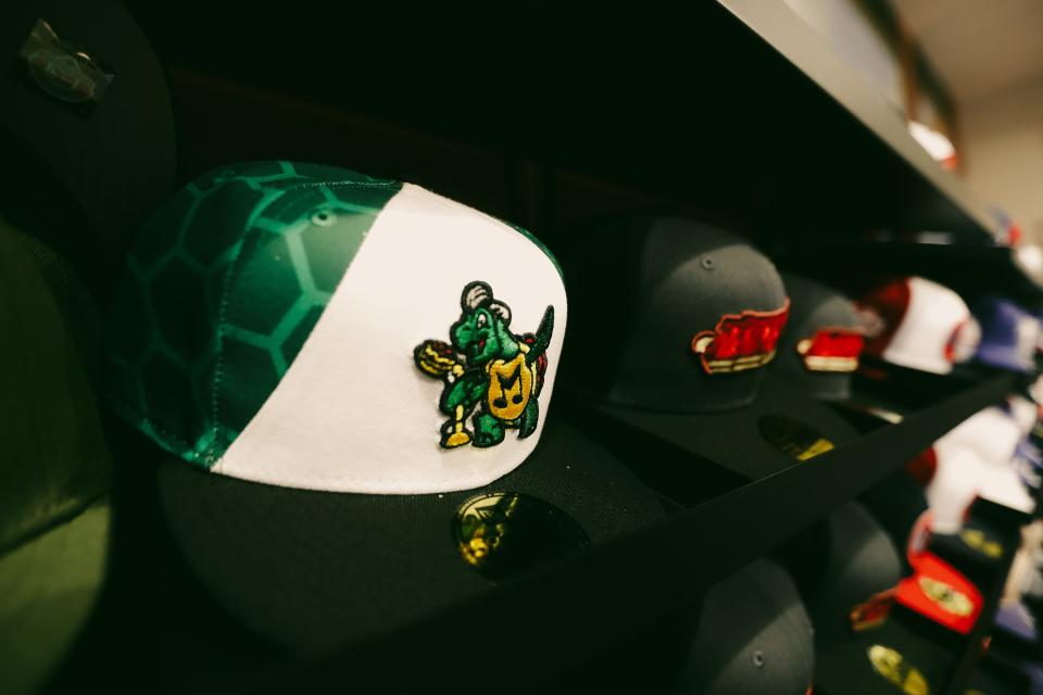 A throwback hat honoring the Memphis Turtles baseball team is displayed inside the Memphis Redbirds' fan shop at AutoZone Park in Memphis on March 29.