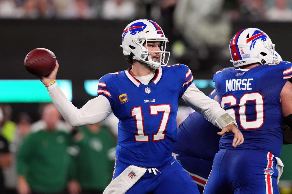 Bills quarterback Josh Allen threw for 236 yards against the Jets on Monday night, but also had three interceptions and a costly lost fumble.