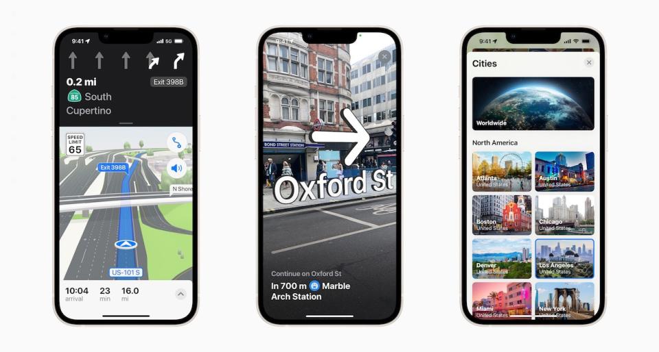 Three phones showing different new Apple Maps features