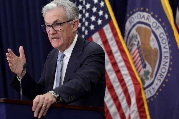 PHOTO: Federal Reserve Board Chairman Jerome Powell holds a news conference following a Federal Open Market Committee meeting at the Federal Reserve on March 22, 2023 in Washington, DC. (Alex Wong/Getty Images)