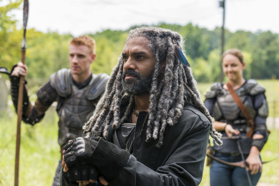 <p>Khary Payton as Ezekiel, Josh Mikel as Jared, Kerry Cahill as Dianne (Credit: Gene Page/AMC) </p>