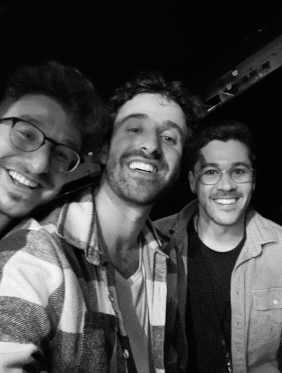Andrew Hoyt, right, poses with two of the three members of the band AJR on Tuesday, April 16, 2024. Hoyt filled in as an opening act for the band's show at Wells Fargo Arena in Des Moines after another musician was unable to perform at the last minute.