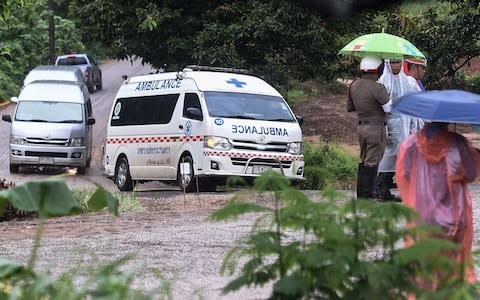 Nine ambulances have been waiting at the cave site since Tuesday morning - Credit: YE AUNG THU /AFP