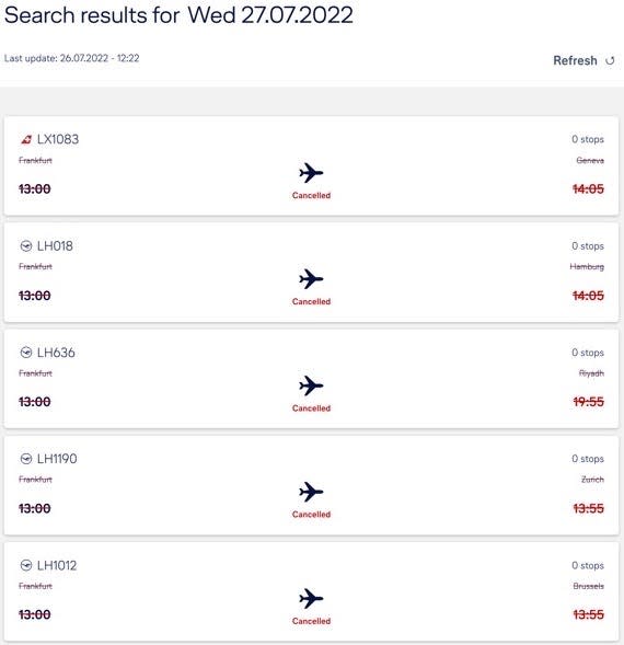 Screenshot of Lufthansa site showing flight cancellations