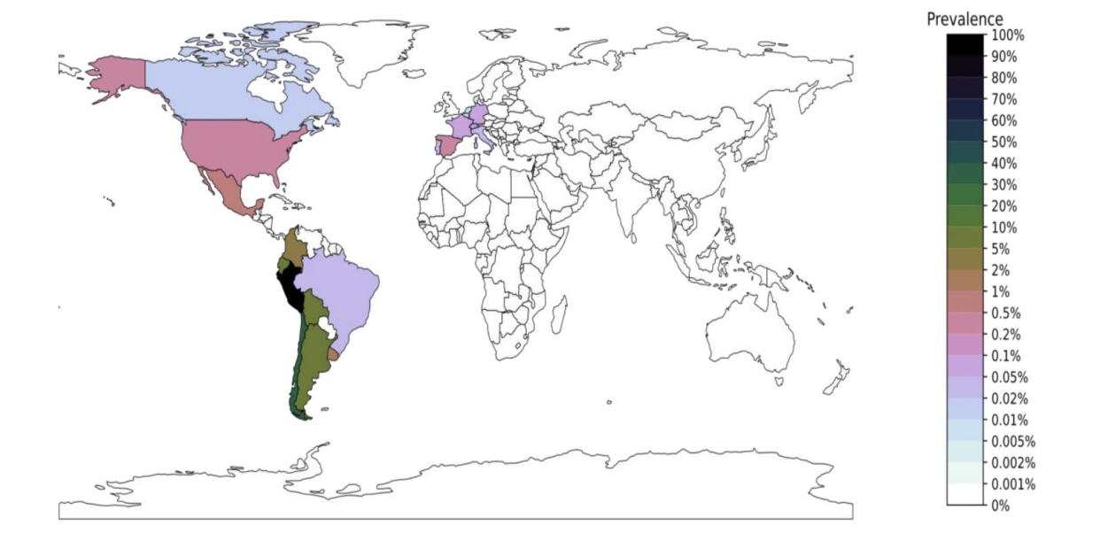 A map of the world shows the distribution of the Lambda variant, published on July 9