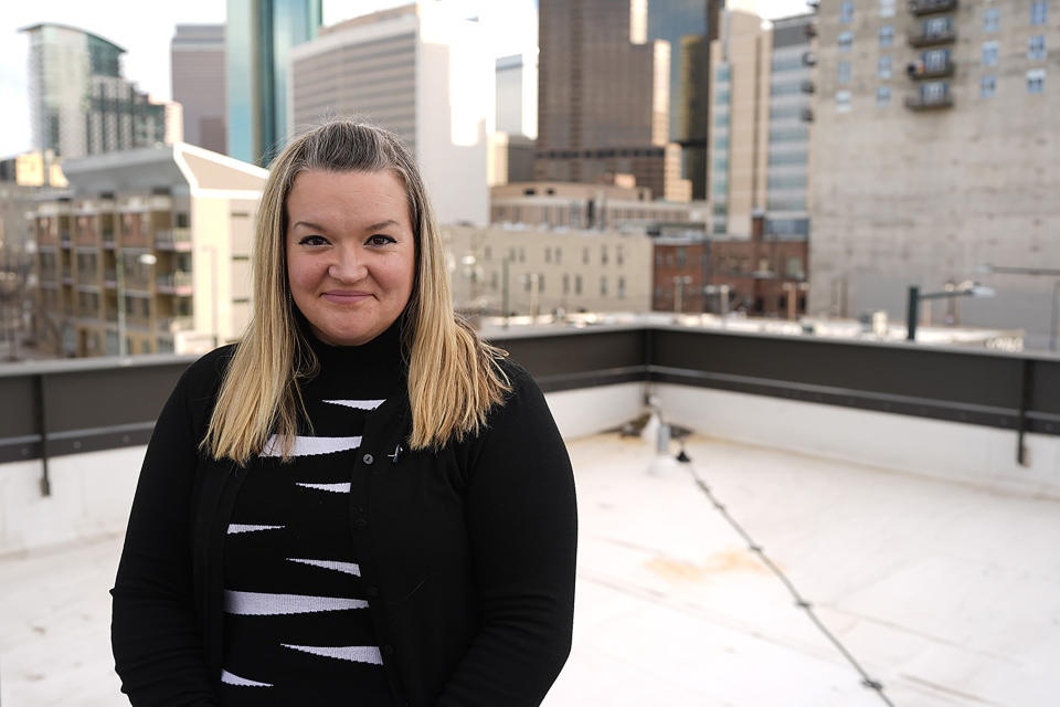 Missy Mendo, director of community outreach for The Rebels Project, which offers support to victims of mass shootings, is shown Friday, April 12, 2024, in Denver. Trauma still shadows the survivors of the horrific Columbine High School shooting as the attack's 25th anniversary approaches. (AP Photo/David Zalubowski)