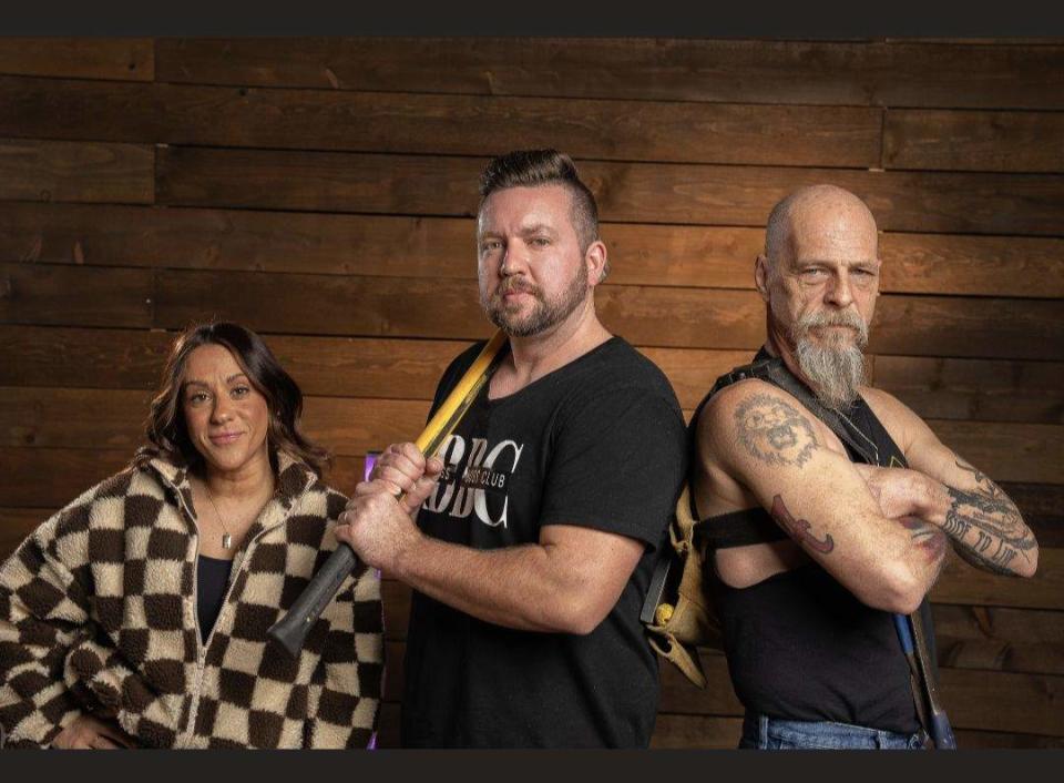 Stark County resident Jared Emerick competed on the reality television show, "Cabin Wars." Episodes will be shown  this spring on Amazon Prime Video. From left are Jenny Gennaro, Emerick and Mike Mallory.