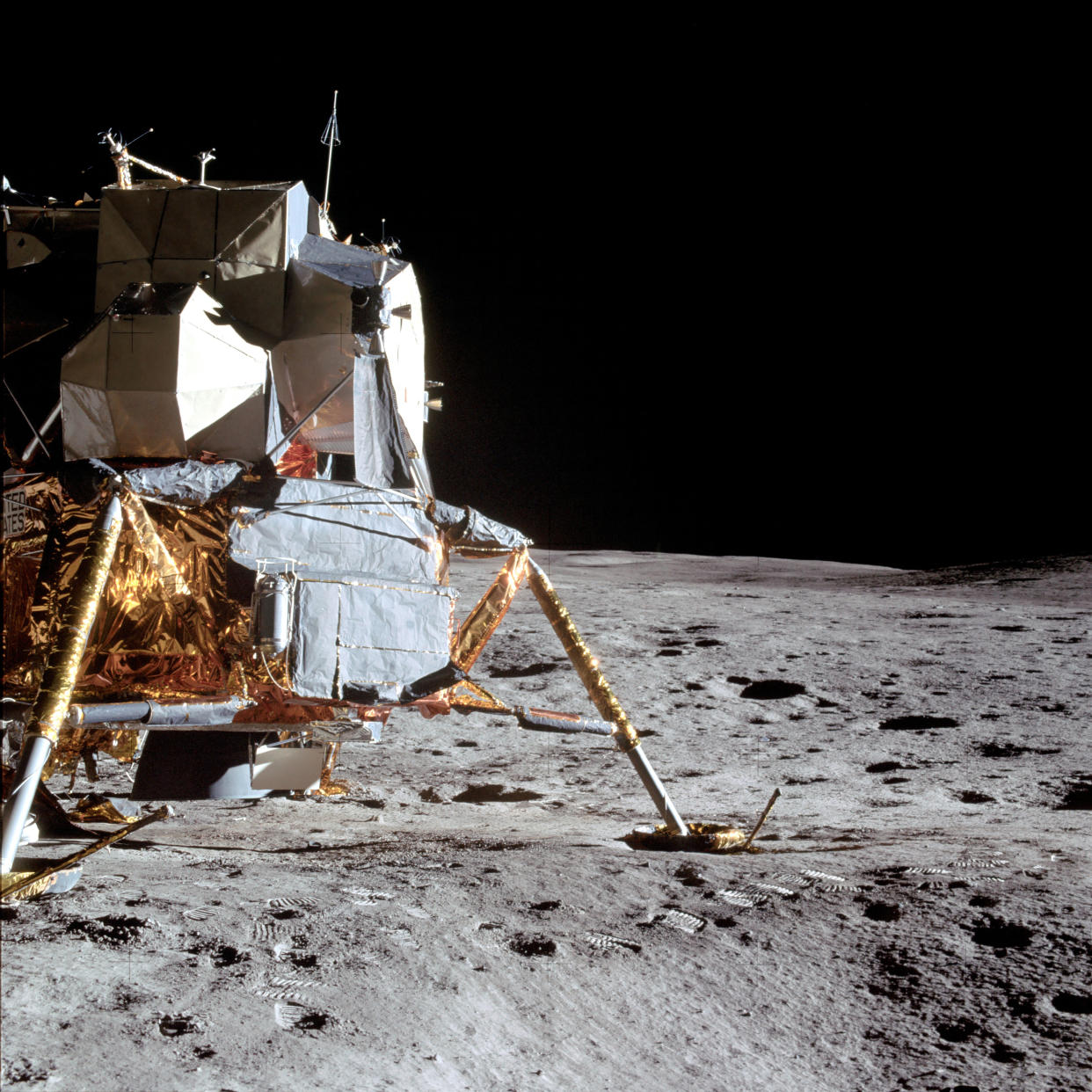 February 5, 1971 - View of the Apollo 14 Lunar Module (LM) on the moon, as photographed during the first Apollo 14 extravehicular activity (EVA) on the lunar surface. 