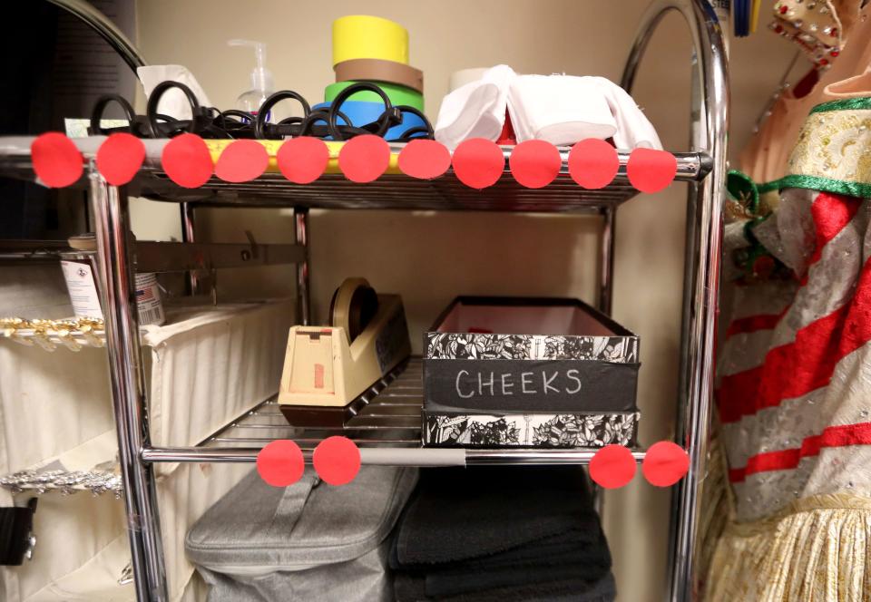 "Emergency cheeks" -- red paper dots to rosy the cheeks of Radio City Rockettes as part of their costumes for the Radio City Christmas Spectacular adorn a shelf backstage at Radio City Music Hall, where the Rockettes quickly change costumes between musical numbers during the performance.