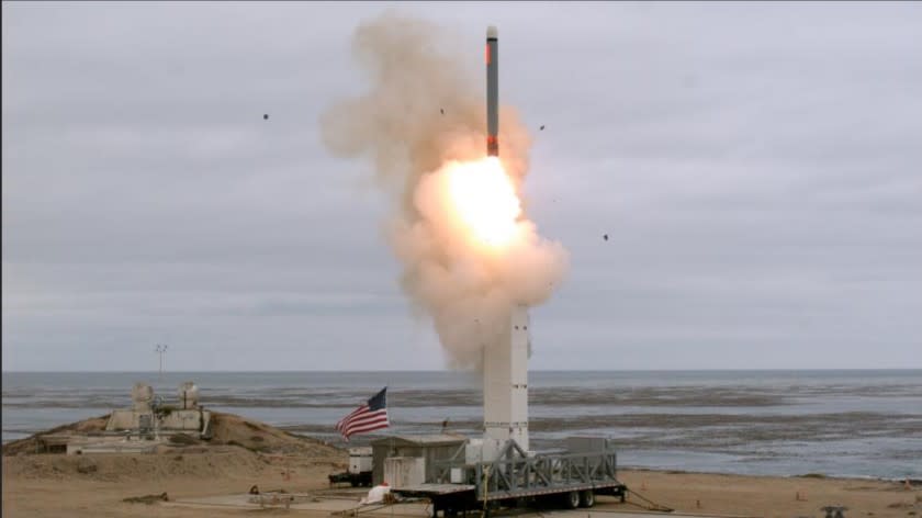 An experimental version of a new cruise missile is fired from San Nicolas Island, Calif., in August 2019, part of the Pentagon's effort to develop new intermediate range missiles that could be based in Asia. <span class="copyright">(Scott Howe / Department of Defense)</span>