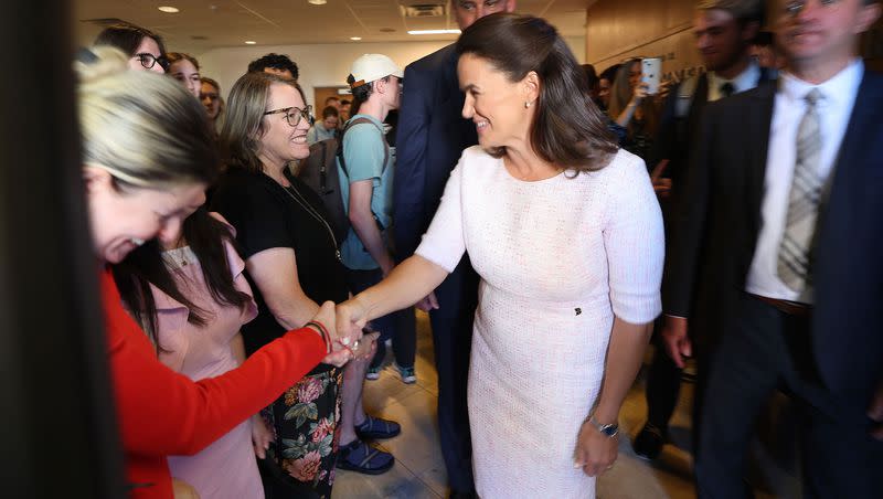 Hungarian President Katalin Novák greets attendees after speaking at Brigham Young University in Provo on Tuesday, Sept. 26, 2023.