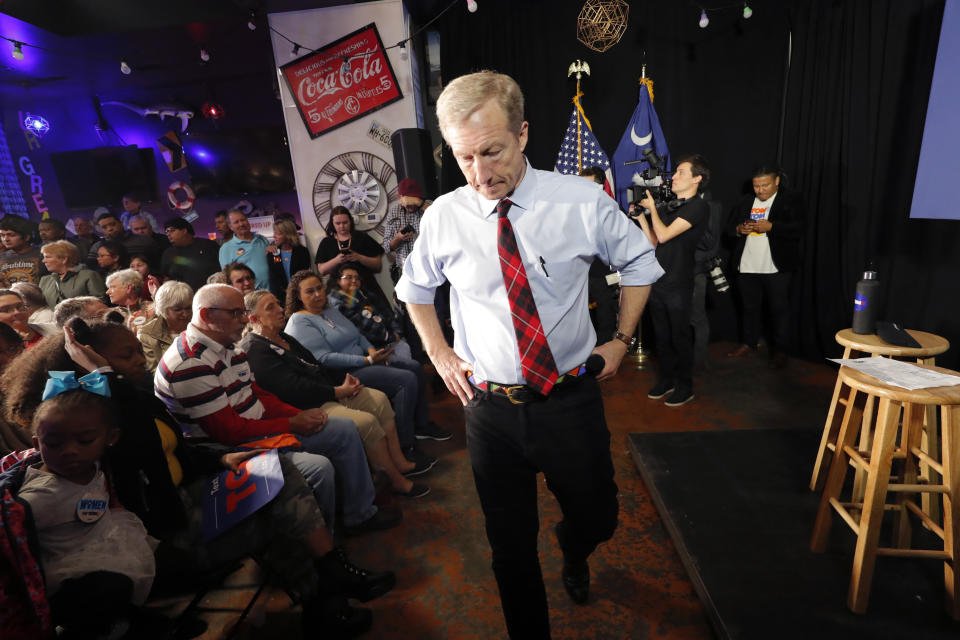 Democratic presidential candidate Tom Steyer speaks at a campaign event in Myrtle Beach, S.C., Wednesday, Feb. 26, 2020. (AP Photo/Gerald Herbert)