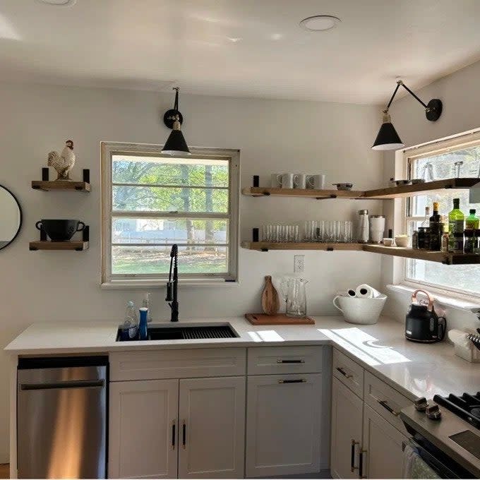 Reviewer photo of the shelves in an L-shape in a kitchen