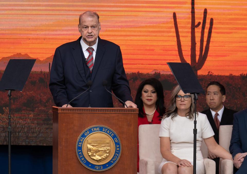 Superintendent of Arizona Public Schools Tom Horne speaks after taking the oath of office during the inauguration ceremony on Jan. 5, 2023, at the Arizona state Capitol in Phoenix.